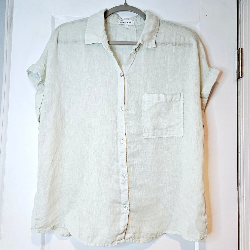 Bella Dahl 100% Linen Seafoam Short Sleeve Relaxed Fit Button Down Shirt Size L